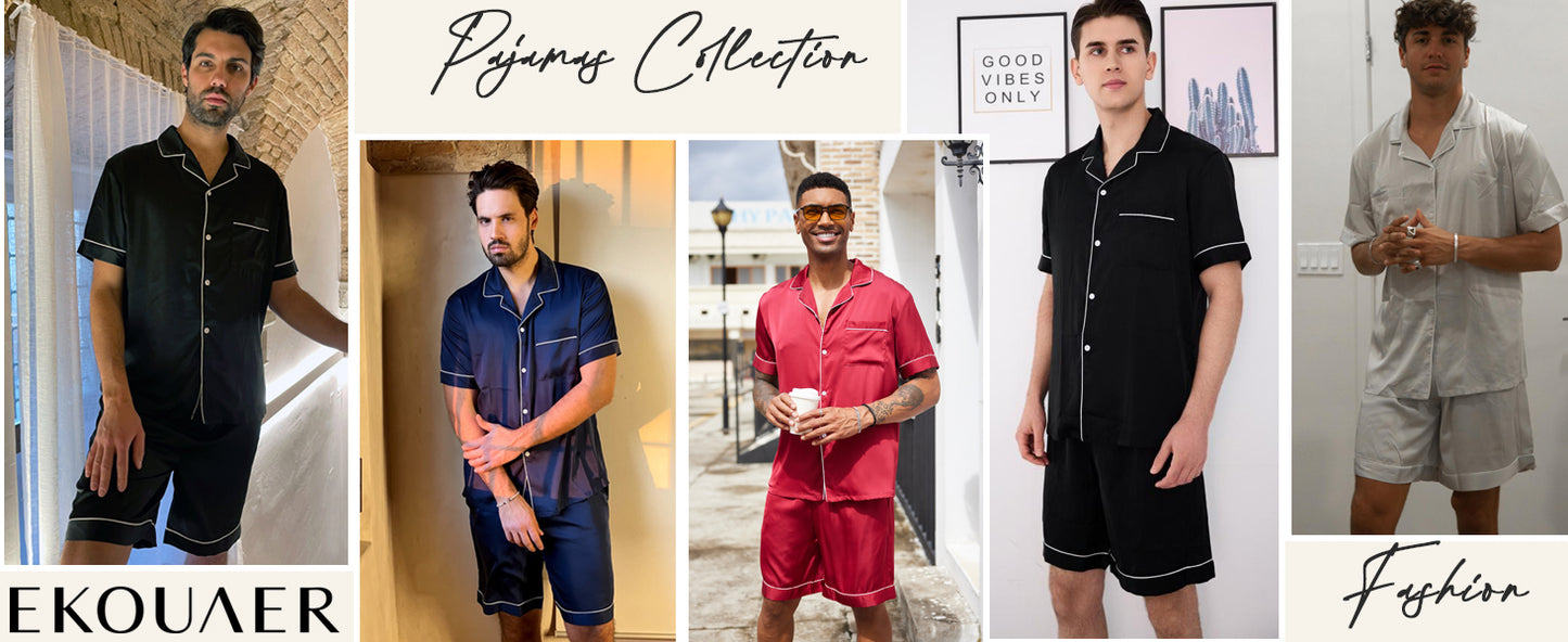 Ekouaer Mens Satin Pajamas Set Button-Down Short Sleeve Shirt Top Soft Silk Sleepwear Shorts with Pockets