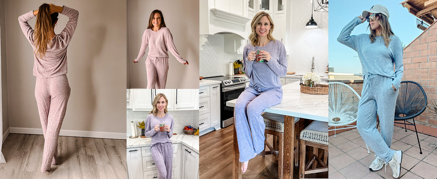 Ekouaer Pajama Set Womens Long Sleeve Sleepwear Pullover Top and Pants Cozy Loungewear Soft Pjs Lounge Set with Pockets