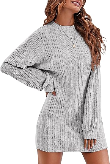 Ekouaer Women's Nightgown Long Sleeve Ribbed Knit Nightshirt Round Neck Sleep Shirt Soft Sweater Dress