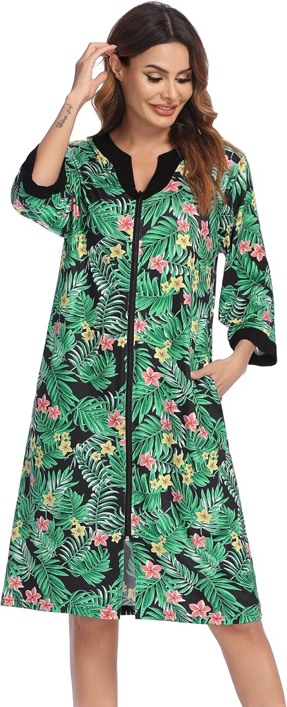 Ekouaer Women Zipper Robe 3/4 Sleeve Nightgowns Lightweight Short Bathrobe with Pockets