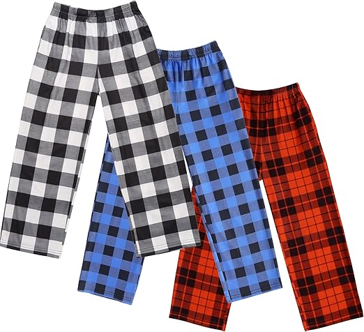 Ekouaer Boys Pajama 3 Pack Sleep Pants - Soft Elastic Waist Kids Plaid Lounge Bottoms With 2 Pockets