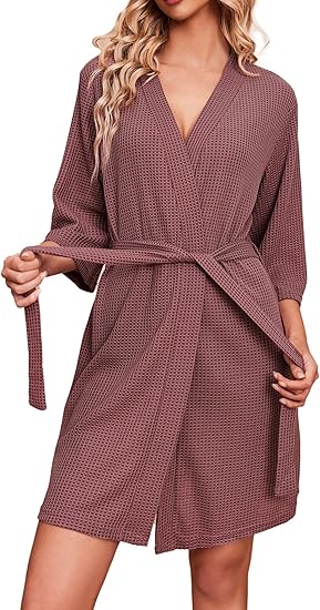 Ekouaer Robes for Women Waffle Knit Bathrobe Soft Lightweight Knee Length Loungewear