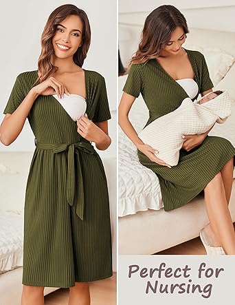 Ekouaer Women Short Sleeve Maternity Nursing Dress Casual V Neck Breastfeeding Loungewear Ribbed Knit Pregnancy Dresses