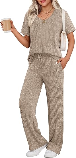 Ekouaer Pyjama Damen Herbst Schlafanzug Kurzarm Lang Hose Rippen Nachtw?sche