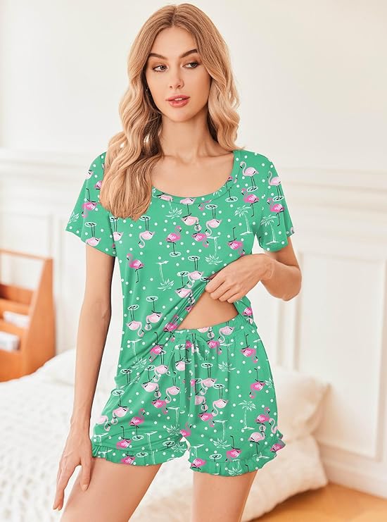 Ekouaer Womens Pajamas Short Sleeve Lounge Set Crew Neck Tops and Ruffle Shorts Pj Sets Soft Sleepwear with Pockets