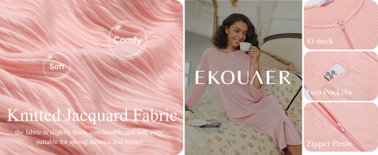 Ekouaer Zipper Robes for Women Ribbed Knit Bathrobe Lightweight Full Length Loungewear with Pockets