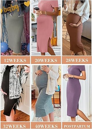 Ekouaer Maternity Dress Rib Knit Short Sleeve Bodycon Dresses Casual Stretchy Pregnancy Clothes