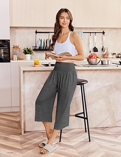 Ekouaer Womens Pajama Pants Wide Leg Capri Yoga Pants Lounge Comfy Sleep Pj Bottoms with Pockets