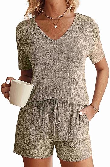 Ekouaer Womens Ribbed Knit Lounge Set Short Sleeve Top and Shorts Sleepwear Pajama Set Two Piece Shorts Outfits Set