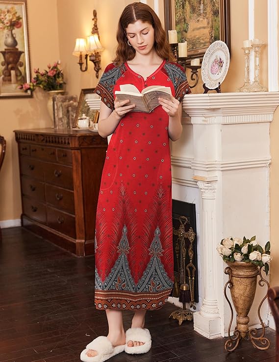 Ekouaer Long Nightgown Women's Loungewear Short Sleeve Sleepwear Full Length Sleep Shirt with Pockets