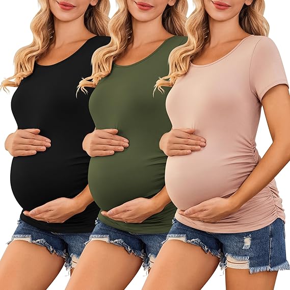 Ekouaer Womens Maternity Shirts 3 Packs Side Ruched Pregnancy Tee Top Casual Mama Clothes