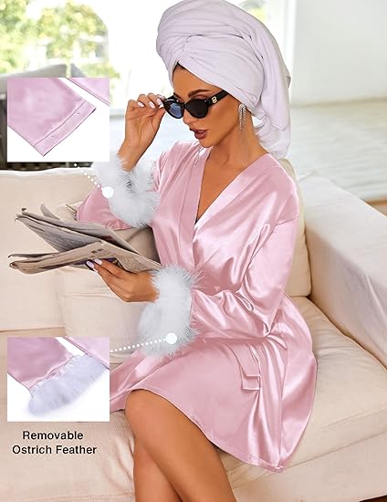 Ekouaer Women's Satin Robe Short Bridesmaid Bride Feather Bridal Robe Silky Long Sleeve Bathrobe