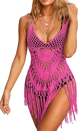 Ekouaer Beach Swimsuit Cover Up Women Crochet Bikini Coverups Summer Pool Swimwear Tassel Dress