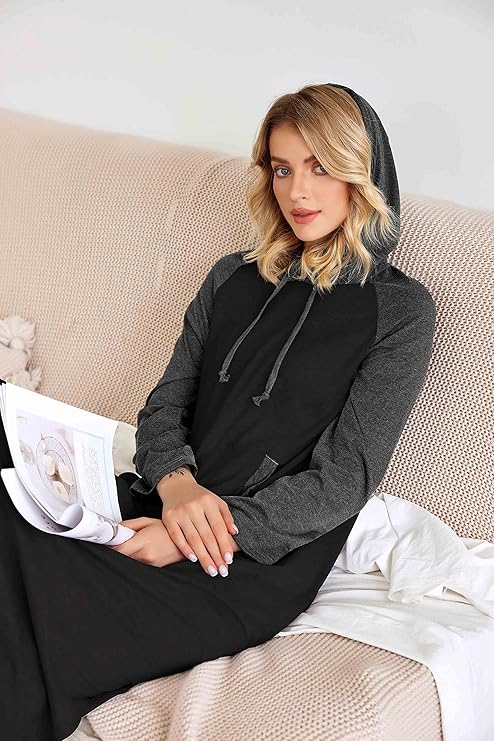 Ekouaer Nightgowns for Women Cotton Nightgown Long Sleeve Hooded Night Gown Contrast Color Full Length Loungewear with Pocket