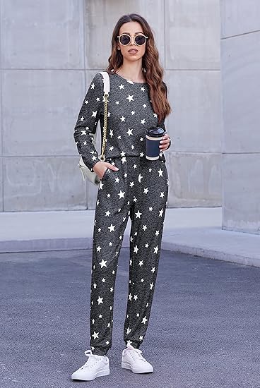 Ekouaer Womens Jogger Pajama Sets Long Sleeve Sleepwear Round Neck Nightwear Soft Pjs Lounge Sets with Pockets