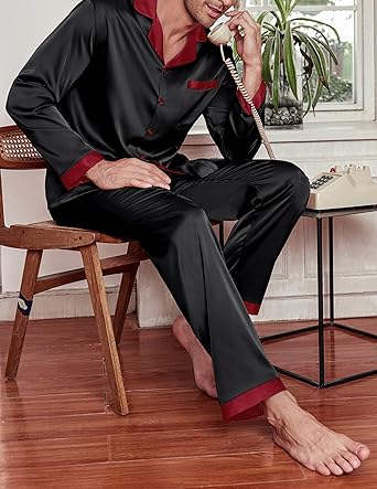 Ekouaer Men's Silk Pajama Set Long Satin Loungewear 2 Piece Pjs Classic Button Down Sleepwear Black Red L