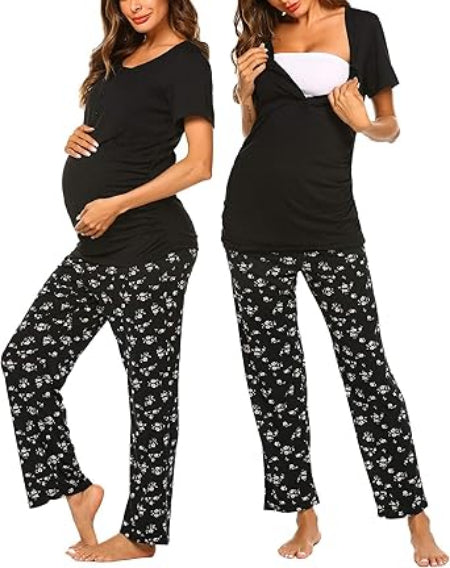 Ekouaer Women's Maternity Nursing Pajamas Sets Breastfeeding Printed Sleepwear Short Sleeve 2 Pcs Henley Top and Pants Set