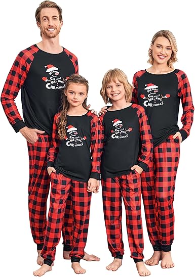 Ekouaer Christmas Pajamas for Family Long Sleeve Pjs Matching Sets with Plaid Pants Soft Sleepwear Loungewear