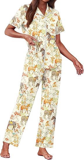 Ekouaer Women's Pajama Sets Button Down Loungewear Short Sleeve Sleepwear 2 Piece Pants Pjs Set with Pockets