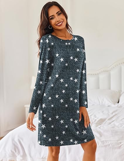 Ekouaer Women's 2 Pack Sleepshirt Dress Comfortable Nightshirt Nightgown Long Sleeve Button Down Sleepwear