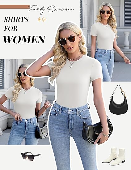 Ekouaer Womens Short Sleeve Shirts 3 Pack Crew Neck Tops Slim Fit Basic Tees Trendy Clothes Base Layer