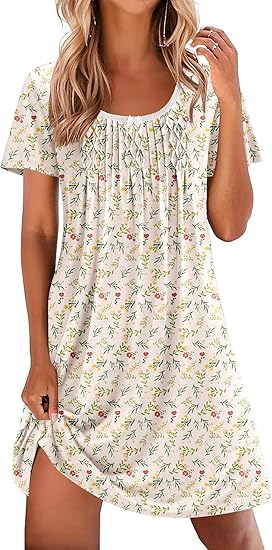 Ekouaer Nightgowns for Women Pleated Sleep Shirts Short Sleeve Night Shirts Lace Trim Night Gown Ladies Sleep Dress