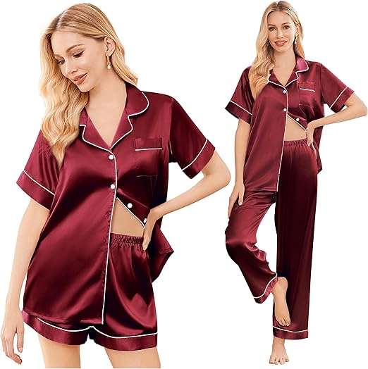 Ekouaer Silk Pajamas for Women Set Satin Pjs Soft Short Sleeve Button Down Sleepwear 3 Piece Loungewear
