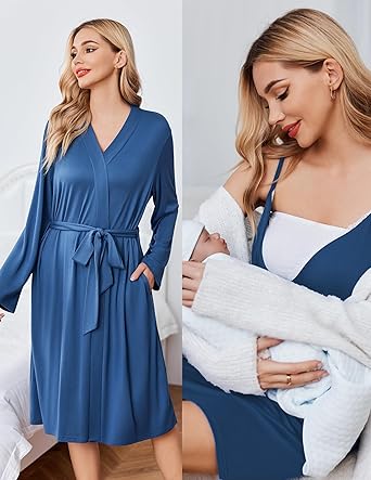Ekouaer Women's Nursing Nightgown Maternity Nightgowns for Breastfeeding Postpartum Nightgown and Robe Pregnancy Clothes Navy Blue M