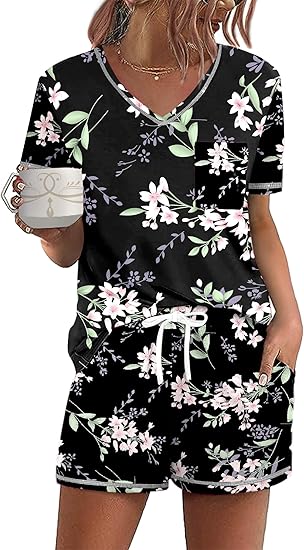 Ekouaer Women's Pajamas Sets Short Sleeve Lounge Sets Sleepwear Casual Two Piece Pjs With Pockets