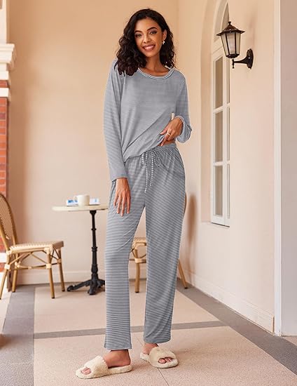 Ekouaer 2 Pack Women's Pajama Set Long Sleeve Top with Jogger Pants Lounge Sets Sleepwear Loungewear with Pockets