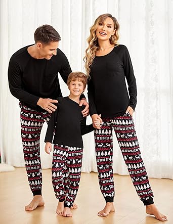 Ekouaer Family Matching Pajamas Christmas Sleepwear Long Sleeve Sleep Shirt with Plaid Pants Soft Loungewear Pjs Set