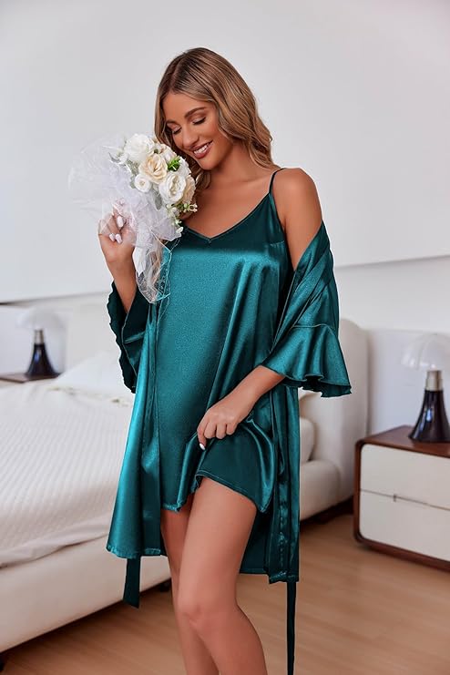 Ekouaer Women's Silk Robe Set V-neck 2 Piece Bridal Party Robes and Satin Bathrobe Set with Pockets