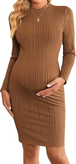 Ekouaer Maternity Dress Mock Turtleneck Pregnancy Dress Rib Knit Stretchy Bodycon Baby Shower Dress