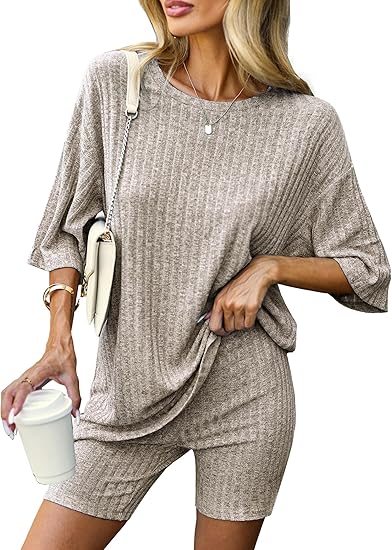Ekouaer Pajamas 2 Piece Lounge Sets Ribbed Knit Matching Outfits T-shirt Biker Shorts Sleepwear Loungewear Sweatsuits