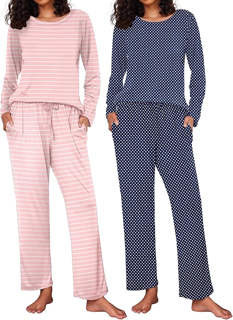 Ekouaer 2 Pack Women's Pajama Set Long Sleeve Top with Jogger Pants Lounge Sets Sleepwear Loungewear with Pockets