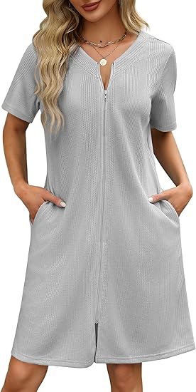 Ekouaer Women Zipper Robes Waffle Short Bathrobe Lightweight House Coat with Pockets Soft Nightgown