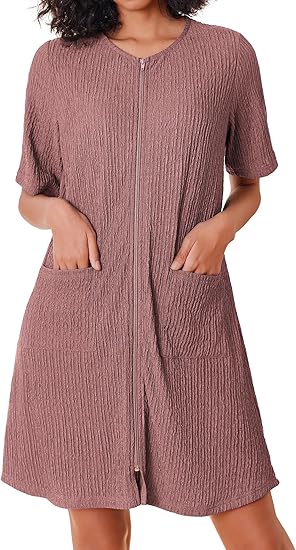 Ekouaer Women Zipper Robes Knit Short Bathrobe Lightweight House Coat with Pockets Soft Nightgown