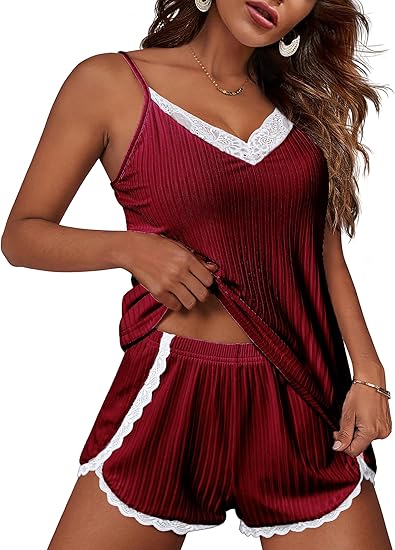 Ekouaer Womens Pajama Sets Soft Lingerie Sleepwear 2 Piece Cami Shorts Set V Neck Pj Lace Nightwear