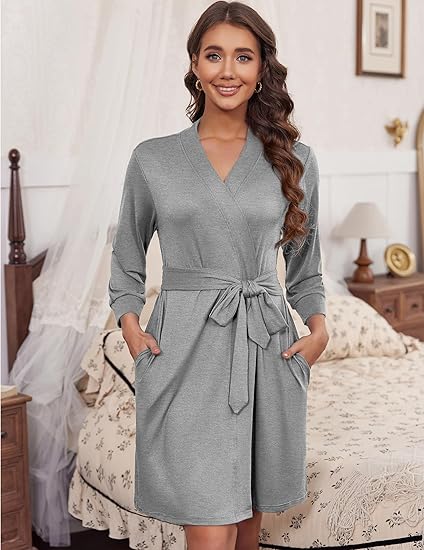 Ekouaer Women??s Robes Lightweight 3/4 Sleeve Short Knit Bathrobe Soft Knee Length Sleepwear Robes with Pockets