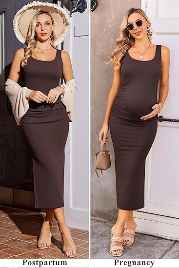 Ekouaer Women Tank Maternity Dress Sleeveless Ribbed Knit Pregnancy Dresses Round Neck Pregnant Loungewear