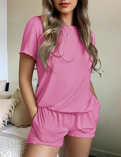 Ekouaer Womens Pajamas 2 Piece Ribbed Knit Pjs Short Sleeve Sleepwear Set Summer Soft Pajamas Set Casual Lounge Sets