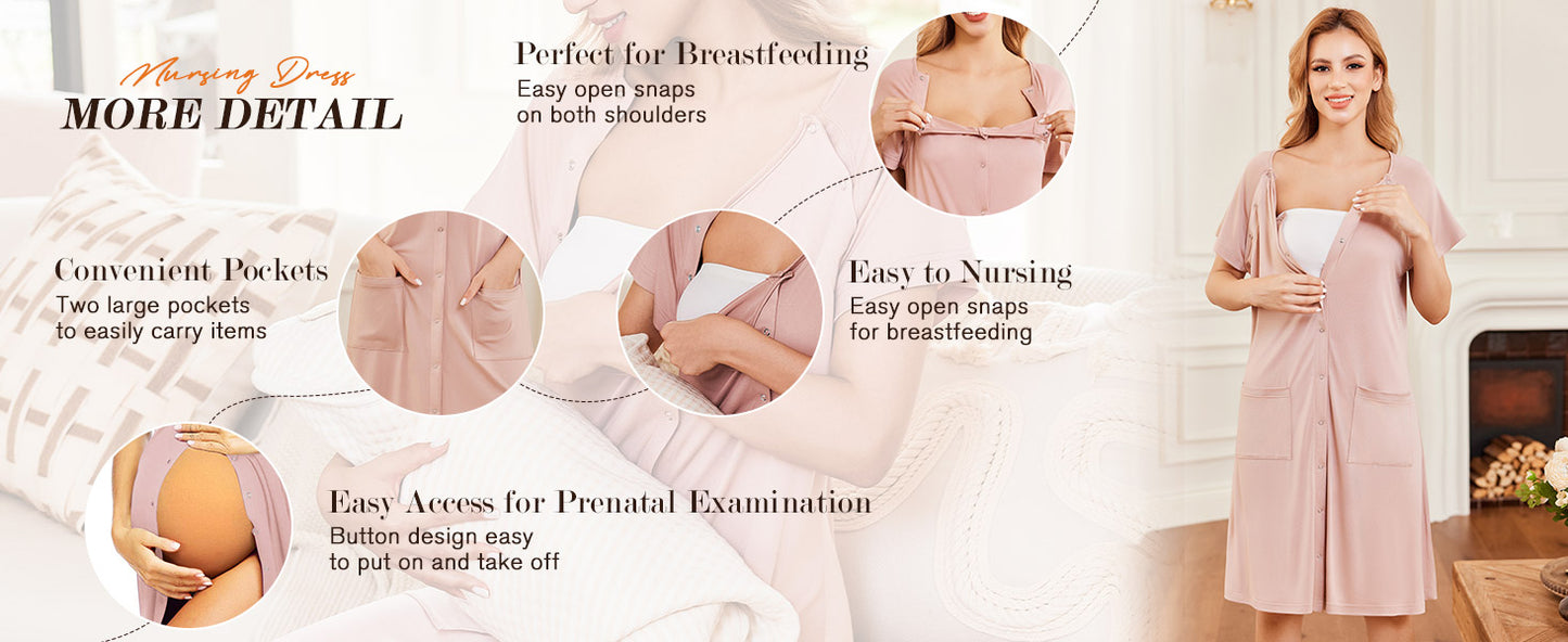 Ekouaer 3 in 1 Labor/Delivery/Hospital Gown Nursing Dress Maternity Nightgown Sleepwear for Breastfeeding with Button