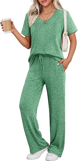 Ekouaer Pyjama Damen Herbst Schlafanzug Kurzarm Lang Hose Rippen Nachtw?sche