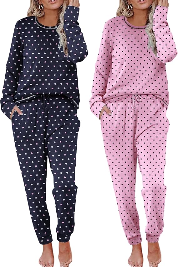 Ekouaer 2 Pack Womens Pajama Sets Long Sleeve Lounge Sets Soft Pj Sleepwear Loungewear