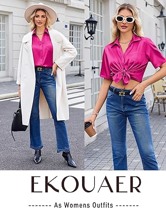 Ekouaer Silk Pajamas for Womens Set 2 Piece Satin Pjs Soft Button Down Sleepwear Wide Leg Long Pants with Pockets