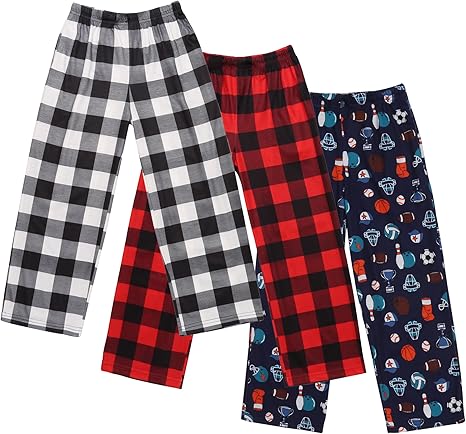 Ekouaer Boys Pajama 3 Pack Sleep Pants - Soft Elastic Waist Kids Plaid Lounge Bottoms With 2 Pockets