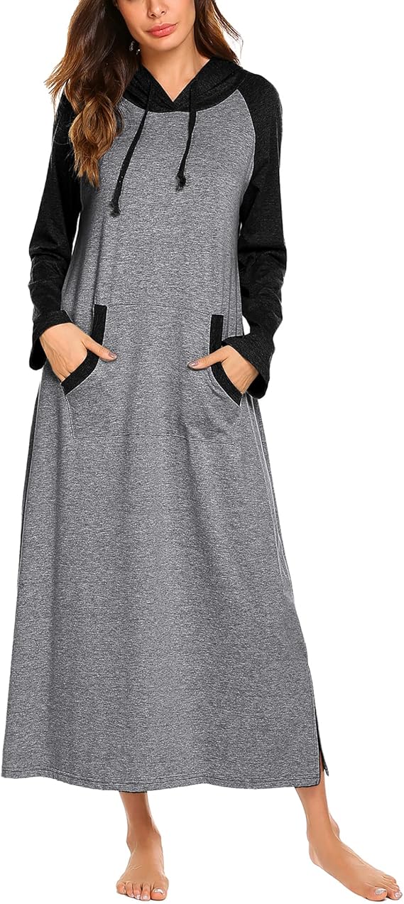 Ekouaer Nightgowns for Women Cotton Nightgown Long Sleeve Hooded Night Gown Contrast Color Full Length Loungewear with Pocket