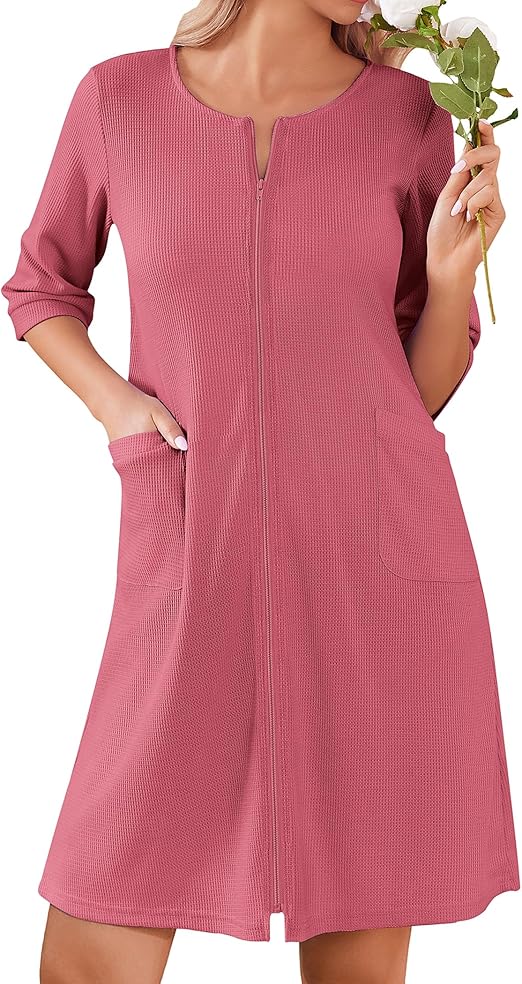 Ekouaer Zip Up Robes for Women Short Waffle Bathrobe Lightweight Knee Length Housecoat with Pockets Nightgown