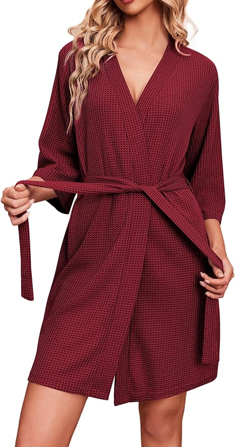 Ekouaer Robes for Women Waffle Knit Bathrobe Soft Lightweight Knee Length Loungewear