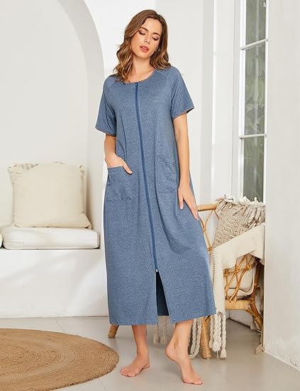 Ekouaer Women Robes Zipper Front Short Sleeve Full Length Housecoat with Pockets Loungewear